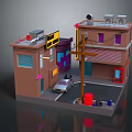Cartoon Scene of Urban Buildings with Street Pole Lamp Car and Trash Can