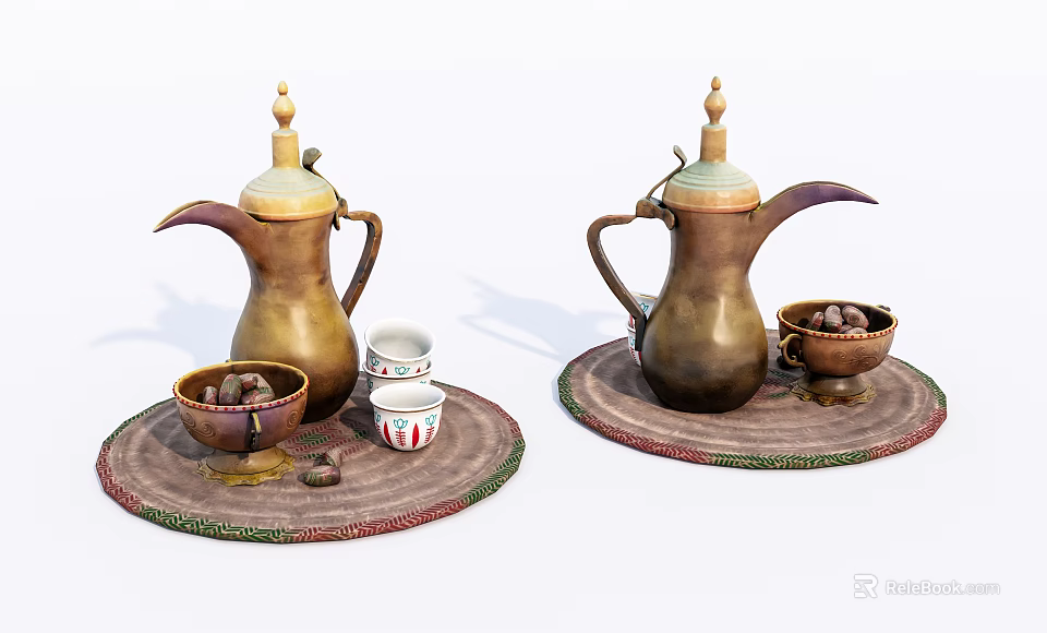 Brass Tea Set With Copper Teapots Small Cups And Nut Bowls On Round Mats 3d model 