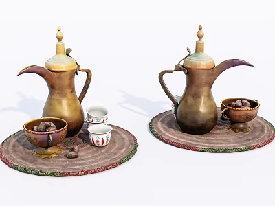 Brass Tea Set With Copper Teapots Small Cups And Nut Bowls On Round Mats 3d model