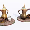 Brass Tea Set With Copper Teapots Small Cups And Nut Bowls On Round Mats