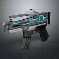 Futuristic Sci Fi Gun Featuring Silver Gray Design Blue Neon Lights And Circular Glowing Symbol