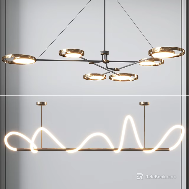 Modern Contemporary Chandelier With Circular Rings And Curved Illuminated Metal Lines 3d model 