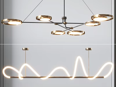 Modern Contemporary Chandelier With Circular Rings And Curved Illuminated Metal Lines 3d model