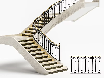 Elegant Modern Staircase With Marble Steps And Wrought Iron Railings 3d model