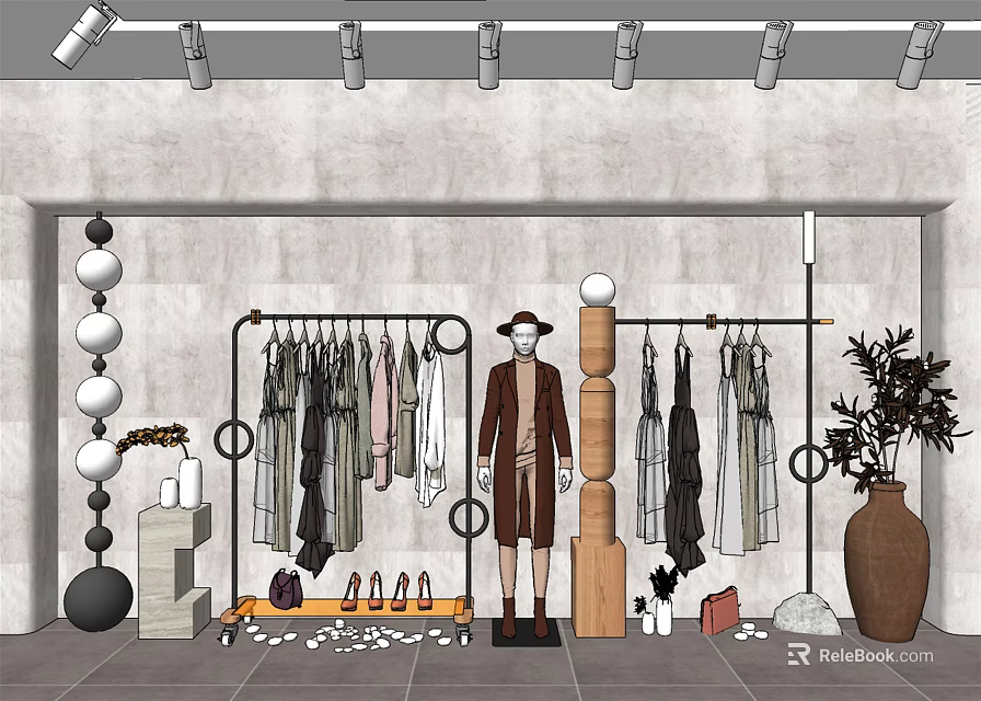Stylish Clothes Racks With Hanging Apparel Mannequin Shoes And Decorative Elements In Modern Store 3d model 