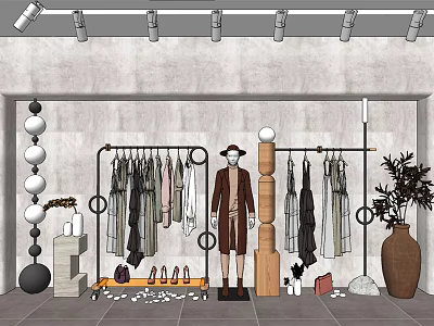Stylish Clothes Racks With Hanging Apparel Mannequin Shoes And Decorative Elements In Modern Store 3d model