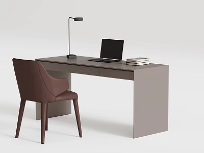 Modern Minimalist Desk With Brown Chair Table Lamp Laptop And Stack Of Books 3d model