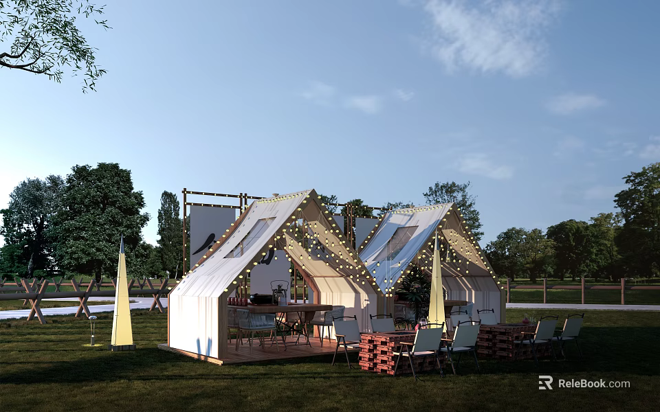 Two Modern Tents With Triangular Roof Design In Grass Field And Outdoor Seating 3d model 