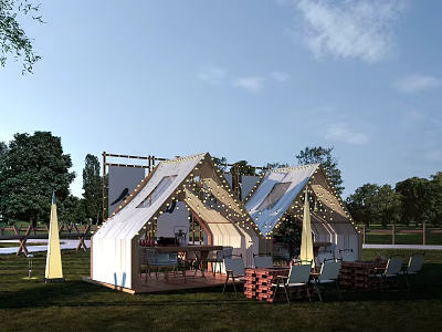 Two Modern Tents With Triangular Roof Design In Grass Field And Outdoor Seating 3d model