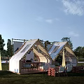 Two Modern Tents With Triangular Roof Design In Grass Field And Outdoor Seating