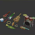 Household Musical Instruments Collection With Guitar Bass Violin Trumpet And Drum Set