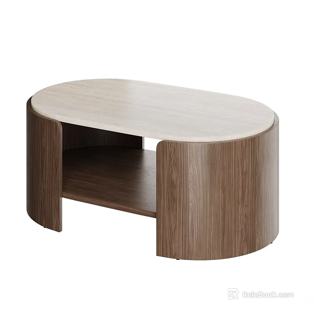 Modern Oval Coffee Table With Light Wood Top And Dark Wood Open Storage 3d model 