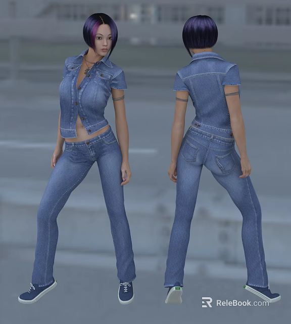 Woman in Stylish Denim Outfit with Short Sleeve Jacket and High Waist Jeans 3d model 
