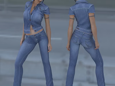Woman in Stylish Denim Outfit with Short Sleeve Jacket and High Waist Jeans 3d model