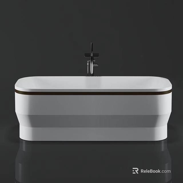 Modern Freestanding White Bathtub With Black Faucet And Brown Edge Trim 3d model 