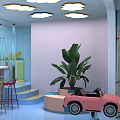 Indoor Kids Swimming Pool with Colorful Ceiling Green Pool and Flower Bird Wall Decor