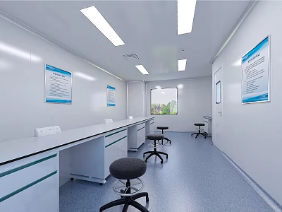 Modern Laboratory Interior With Bright Lighting White Lab Benches Swivel Stools And Wall Posters 3d model