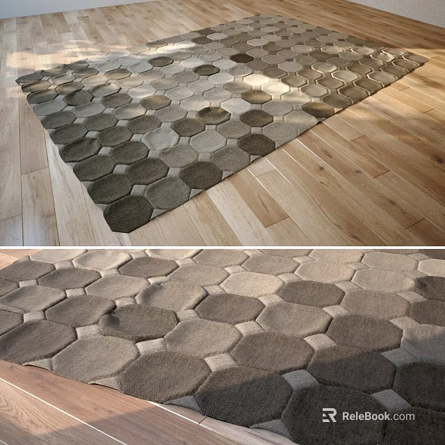 Soft Square Carpet With Hexagonal Pattern In Brown Beige Tones On Wooden Floor 3d model 