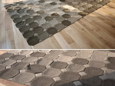 Soft Square Carpet With Hexagonal Pattern In Brown Beige Tones On Wooden Floor 3d model