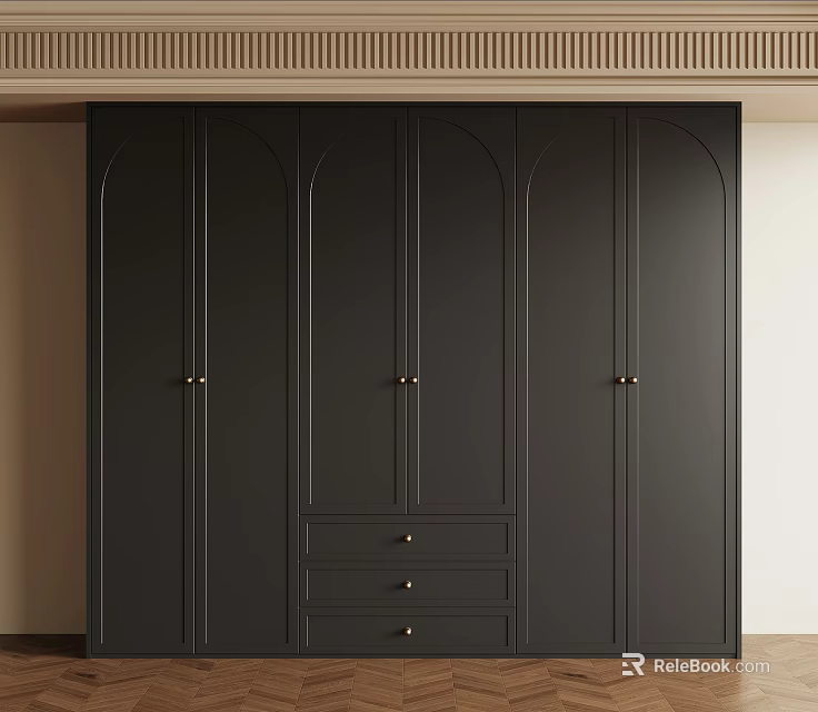 Modern Dark Wardrobe Design With Brass Handles And Drawer Storage 3d model 