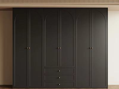Modern Dark Wardrobe Design With Brass Handles And Drawer Storage 3d model