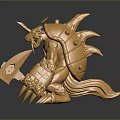 Golden Horned Fantasy Creature Character Holding Large Hammer With Sharp Claws And Metallic Texture