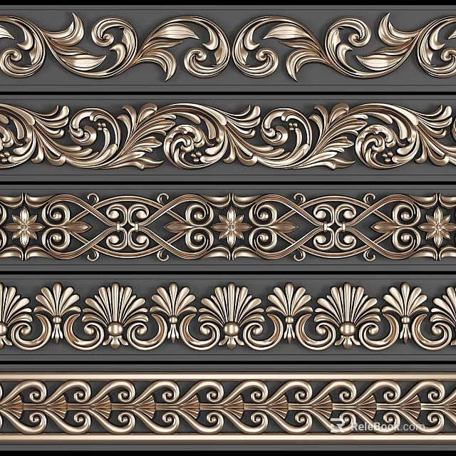 Golden Intricate Carved Decorative Components With Scroll Patterns And Floral Motifs 3d model 