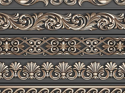 Golden Intricate Carved Decorative Components With Scroll Patterns And Floral Motifs 3d model