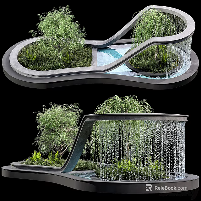 Modern Garden Feature With Curved Stone Structure Green Plants And Flowing Waterfall 3d model 