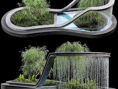 Modern Garden Feature With Curved Stone Structure Green Plants And Flowing Waterfall 3d model