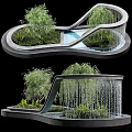 Modern Garden Feature With Curved Stone Structure Green Plants And Flowing Waterfall
