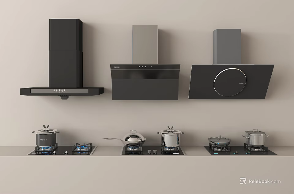 Modern Kitchen Appliances Displaying Range Hoods Stoves And Cookware Sets 3d model