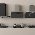 Modern Kitchen Appliances Displaying Range Hoods Stoves And Cookware Sets 3d model