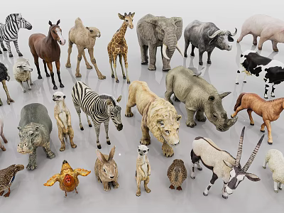 Various Animal Toy Models Including Zebra Horse Giraffe Elephant Lion And Rhino 3d model
