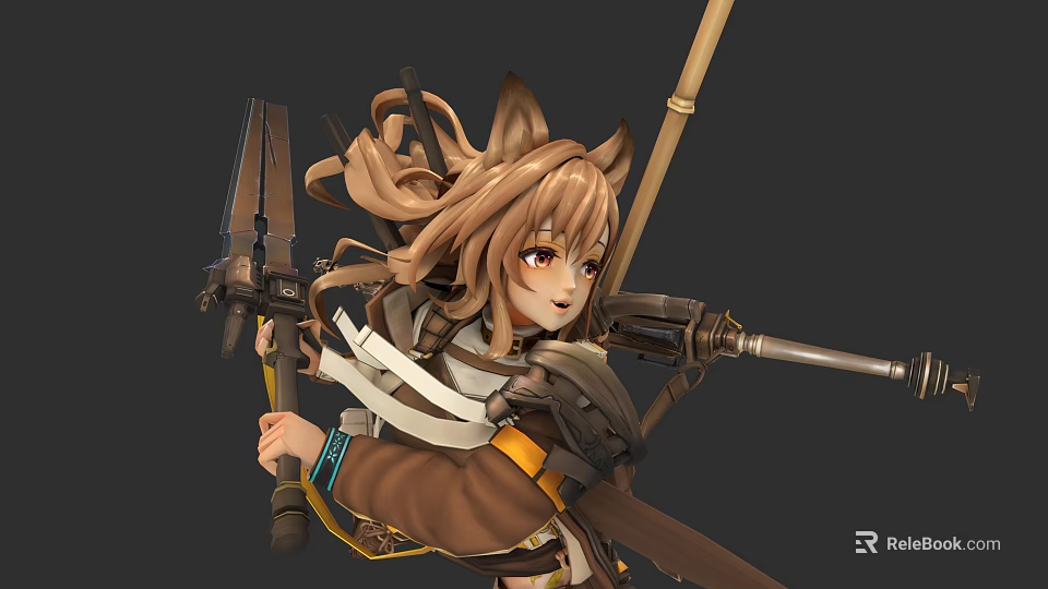 Game Anime Character with Brown Hair Animal Ears in Traditional Clothing Holding Weapons And Staff 3d model 