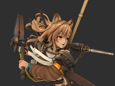Game Anime Character with Brown Hair Animal Ears in Traditional Clothing Holding Weapons And Staff 3d model
