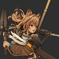 Game Anime Character with Brown Hair Animal Ears in Traditional Clothing Holding Weapons And Staff