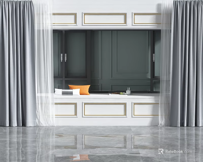 Modern Minimalist Bay Window Interior With Grey Curtains White Windowsill And Orange Cushion 3d model 