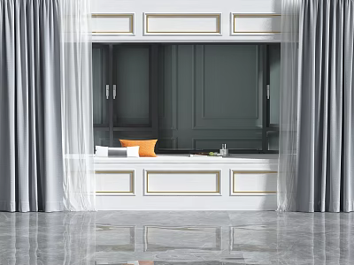 Modern Minimalist Bay Window Interior With Grey Curtains White Windowsill And Orange Cushion 3d model