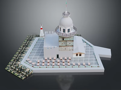 Lighthouse Building With White Dome Tower Structure And Stone Paved Platform With Arranged Chairs 3d model