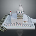 Lighthouse Building With White Dome Tower Structure And Stone Paved Platform With Arranged Chairs 3d model