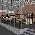Spacious Lounge Area With Wooden Partitions Metal Roof Structure And Hanging Lights