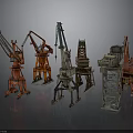 Different Colored Crane Equipment With Various Designs And Metal Structures
