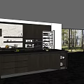 Modern Kitchen Interior With Dark Cabinets Island Counter And Marble Backsplash Appliances