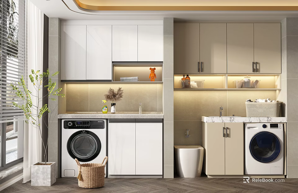 Modern Bathroom Cabinetry With White Beige Storage Units Washer Sink And Lighting 3d model 
