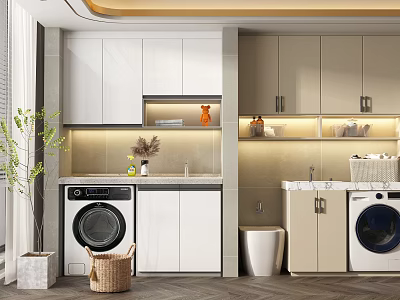 Modern Bathroom Cabinetry With White Beige Storage Units Washer Sink And Lighting 3d model