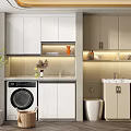 Modern Bathroom Cabinetry With White Beige Storage Units Washer Sink And Lighting