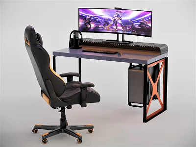 Sleek Entertainment Desk With Curved Monitor Ergonomic Gaming Chair Headphones And Keyboard 3d model