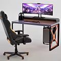 Sleek Entertainment Desk With Curved Monitor Ergonomic Gaming Chair Headphones And Keyboard