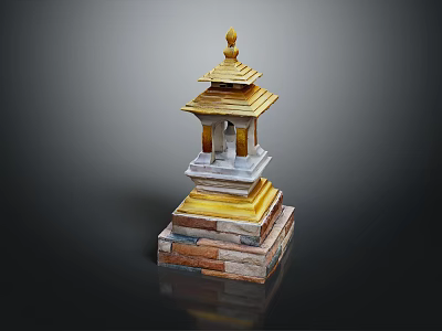 Traditional Multi Tiered Tower Architecture With Golden Roof And Brick Stone Base 3d model